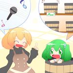  blonde_hair bucket chibi dress green_eyes green_hair hair_bobbles hair_ornament hiyori_(higanahannnti) in_bucket in_container kisume kurodani_yamame microphone multiple_girls musical_note open_mouth pointing ponytail short_hair smile touhou twintails wooden_bucket 