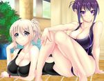  aoyama_blue_mountain bad_id bad_pixiv_id black_eyes blonde_hair blush breasts cleavage competition_swimsuit gochuumon_wa_usagi_desu_ka? hair_bun huge_breasts koucha_maru long_hair looking_at_viewer lying multiple_girls on_stomach one-piece_swimsuit ponytail purple_eyes purple_hair short_hair smile swimsuit tedeza_rize 