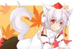 ahoge animal_ears autumn_leaves bare_shoulders blush chinoru detached_sleeves hat inubashiri_momiji leaf leaf_background looking_at_viewer pom_pom_(clothes) red_eyes short_hair silver_hair smile solo tail tokin_hat touhou wolf_ears wolf_tail 