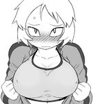  blush breasts character_request cleavage commentary embarrassed full-face_blush greyscale huge_breasts jacket looking_at_viewer monochrome open_clothes open_jacket original solo sports_bra sweatdrop track_jacket tsukudani_(coke-buta) undressing 