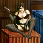  black_bra black_lagoon black_panties bra brown_eyes brown_hair cigarette crate elbow_gloves feet fujiwaru garter_belt gloves gun lingerie panties ponytail revy revy_(black_lagoon) sneer thighhighs underwear weapon 