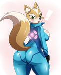  2014 :o anthro big_butt blush bodysuit breasts butt camel_toe canine clothed clothing crossgender crossover female fox fox_mccloud fur glowing hi_res looking_at_viewer looking_back mammal metroid nintendo open_mouth side_boob skinsuit solo sssonic2 standing star_fox suit tongue video_games zero_suit 