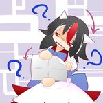  ? black_hair bow chibi commentary_request confused directional_arrow dress hiyori_(higanahannnti) horns kijin_seija map multicolored_hair open_mouth red_eyes red_hair short_hair short_sleeves solo streaked_hair touhou white_hair 