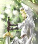  armor bad_id bad_pixiv_id belt blonde_hair braid chaoyangqusi closed_eyes from_side gloves highres holding hood leaf pixiv_fantasia pixiv_fantasia_fallen_kings robe side_braid solo sunlight sword weapon 