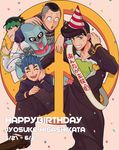  birthday black_hair blue_hair confetti crazy_diamond earrings gakuran green_eyes happy_birthday hat headband higashikata_jousuke hirose_kouichi jewelry jojo_no_kimyou_na_bouken kishibe_rohan multiple_boys nijimura_okuyasu open_mouth party_hat pompadour school_uniform short_hair sitting smile stand_(jojo) sweatdrop tsuarera 