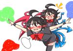  &gt;_&lt; ahoge asymmetrical_wings black_hair black_legwear blush chibi closed_eyes commentary embarrassed fang houjuu_nue multiple_girls overman_king_gainer parody pointy_ears pose red_eyes rindou_(p41neko) sweatdrop thighhighs touhou wings 