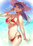  bikini bracelet breasts cowboy_shot day halterneck hat jewelry large_breasts long_hair necklace original outdoors parted_lips pendant purple_eyes purple_hair red_bikini side-tie_bikini solo swimsuit twinpoo 