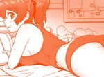  ass bed bedroom book commentary girls_und_panzer hair_ribbon holding holding_book koyama_yuzu looking_at_viewer looking_back lying monochrome on_stomach panties ponytail ribbon sakaki_imasato short_hair smile solo tank_top underwear underwear_only 