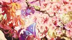  bad_id bad_pixiv_id brown_eyes brown_hair character_name cherry_blossoms dango_remi drinking gourd highres horns ibuki_suika in_tree long_hair looking_at_viewer lying on_back ribbon shirt skirt sleeveless sleeveless_shirt solo touhou tree 