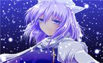  blue_background blue_eyes breasts brooch eyelashes gradient gradient_background hat highres jewelry juliet_sleeves large_breasts letty_whiterock light_smile long_sleeves looking_at_viewer nekominase puffy_sleeves scarf short_hair silver_hair simple_background snowing solo touhou upper_body white_scarf 