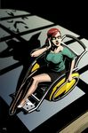  1girl adjusting_hair barbara_gordon bat batgirl batman_(series) bracelet breasts dc_comics dual_persona glasses green_eyes jewelry kit lipstick looking_up makeup moonlight night oracle orange_hair phone ponytail red_hair signature silhouette sitting skirt solo wheelchair 