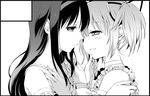  akemi_homura arm_garter black_hair blush border chin_grab eye_contact face-to-face greyscale hair_ribbon hairband hand_on_another's_chin imminent_kiss kaname_madoka long_hair looking_at_another mahou_shoujo_madoka_magica monochrome multiple_girls parted_lips playing_with_another's_hair ribbon short_hair short_twintails simple_background smile twintails white_background yamada_ako yuri 