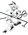  animal_ears basket capelet dowsing_rod dress gem isaki_(gomi) jewelry light_smile long_sleeves looking_at_viewer monochrome mouse mouse_ears mouse_tail nazrin necklace pendant pink_eyes solo spot_color tail touhou 