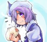  baozi commentary eating food gradient gradient_background hat letty_whiterock looking_at_viewer purple_eyes purple_hair shinapuu short_hair simple_background solo steam touhou upper_body 