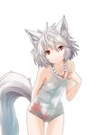  animal_ears breasts brown_eyes inubashiri_momiji jewelry leaf leaning_forward light_smile looking_at_viewer maple_leaf necklace one-piece_swimsuit pendant raybar red_eyes silver_hair simple_background small_breasts smile solo strap_pull swimsuit tail thigh_gap touhou white_background white_swimsuit wolf_ears wolf_tail 
