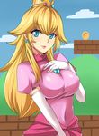  blonde_hair blue_eyes breast_suppress breasts brooch coin crown dress earrings elbow_gloves gloves jewelry large_breasts long_hair looking_at_viewer mario_(series) megane_man pink_dress princess_peach smile solo super_mario_bros. white_gloves 