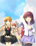  6+girls air angel_beats! basket blonde_hair blue_eyes blue_hair braid brown_hair clannad closed_eyes cloud company_connection crossover day flower furukawa_nagisa green_eyes hair_flower hair_ornament hairband hikarizaka_private_high_school_uniform hoshino_yumemi kamikita_komari kamio_misuzu kanbe_kotori kanon key_(company) little_busters! long_hair minase_nayuki multiple_crossover multiple_girls one_eye_closed planetarian ponytail purple_hair remotaro rewrite school_uniform serafuku shinda_sekai_sensen_uniform short_hair star thighhighs twin_braids yuri_(angel_beats!) 