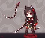  animal_ears black_hair cat_ears cat_tail chibi detached_sleeves elbow_gloves gloves japanese_clothes langbazi long_hair original red_eyes single_elbow_glove single_sleeve solo sword tail thighhighs weapon whip_sword 