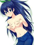  blue_eyes blue_hair blush breasts collarbone covering_nipples denim ganaha_hibiki highres idolmaster idolmaster_(classic) jeans long_hair medium_breasts navel oomugi_genmai pants ponytail solo stomach topless 