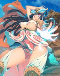  arm_up armor blush breasts cleavage harem_gain headdress large_breasts long_hair looking_at_viewer magic open_mouth original red_eyes smile solo underboob watermark zasha 
