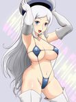  aila_jyrkiainen bikini blue_bikini blue_eyes blush boots breasts covered_nipples cowboy_shot curvy elbow_gloves gloves gundam gundam_build_fighters hat highres holding holding_hat large_breasts long_hair navel open_mouth silver_hair skindentation slingshot_swimsuit solo swimsuit thigh_boots thighhighs tof 