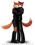  blue_eyes boots canine clothing couple cuddling cute dan_scarlet duo embrace female fox friends fur green_eyes hug jacket leather leather_jacket love male mammal orange_fur pants plain_background ponytail red_fur skirt smile straight text white_background 
