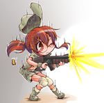  aiming brown_eyes brown_hair finger_on_trigger fio_germi glasses gradient gradient_background gun hat hat_removed headwear_removed holding holding_gun holding_weapon knee_pads metal_slug navel one_eye_closed ponytail rifle shinapuu shoot short_shorts shorts simple_background snk solo sweat weapon wrist_cuffs 