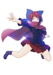  bow cape glowing glowing_eyes hair_bow looking_at_viewer outstretched_arms pink_eyes raybar red_hair sekibanki shirt simple_background skirt solo touhou white_background 