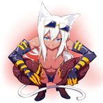  :p animal_ears bad_id bad_pixiv_id blue_eyes breasts cat_ears cat_tail cleavage dark_skin elbow_gloves eyewear_on_head fishnets gloves highres kaiten_muten-maru koma440 large_breasts long_hair looking_at_viewer shamu_meruruusa solo squatting sunglasses tail tongue tongue_out 