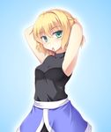  adjusting_hair armpits arms_behind_head bare_arms blonde_hair blue_background breasts green_eyes isaki_(gomi) looking_at_viewer medium_breasts mizuhashi_parsee mouth_hold ribbon ribbon_in_mouth sash shirt skirt sleeveless sleeveless_shirt solo touhou tying_hair 