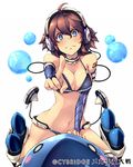  arm_support bare_shoulders bikini black_bikini blue_eyes blush breasts bridal_gauntlets brown_hair choker cleavage copyright_name elbow_gloves foreshortening gloves hair_between_eyes headphones highres keypot large_breasts mecha_shoujo_taisen_z navel pointing pointing_at_viewer revision simple_background solo straddling swimsuit tattoo tears torpedo watermark white_background 