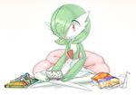  bag book chips crumbs eating food gardevoir glass green_hair legs_crossed lotosu nintendo nintendo_3ds no_humans pokemon potato_chips red_eyes short_hair sitting smile solo straw 