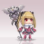  :&lt; bird blonde_hair blush_stickers castlevania castlevania_judgment chibi closed_mouth detached_sleeves eyelashes hair_ornament lowres maria_renard owl red_eyes reflection shadow spread_wings staff standing stupa13a thighhighs twintails v-shaped_eyebrows 