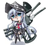  :&lt; anchor anchor_symbol black_legwear chibi eating hat hibiki_(kantai_collection) kantai_collection long_hair machinery pleated_skirt school_uniform serafuku shinapuu silver_hair simple_background skirt solo thighhighs turret white_background zettai_ryouiki 