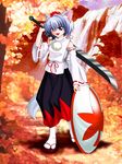  animal_ears bare_shoulders detached_sleeves fang geta hat highres inubashiri_momiji looking_at_viewer open_mouth over_shoulder pom_pom_(clothes) red_eyes shield short_hair silver_hair solo sword sword_over_shoulder tail tokin_hat touhou weapon weapon_over_shoulder wolf_ears wolf_tail 