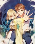  1girl ahoge artoria_pendragon_(all) avalon_(fate/stay_night) blonde_hair blood brown_hair emiya_shirou fate/stay_night fate_(series) green_eyes injury looking_at_viewer one_eye_closed saber short_hair torn_clothes vmax-ver wince yellow_eyes 