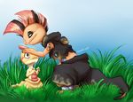  cute female grass hair male mohawk nintendo outside petting pok&#233;mon pok&eacute;mon sciggle scrafty scraggy smile stranillafennebi tattoo teeth video_games 