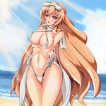  1girl aoi_kimi beach bikini blonde_hair breast_hold breasts brown_hair crossed_arms curvy female goggles kyoukaisenjou_no_horizon large_breasts long_hair navel ocean open_mouth purple_eyes shiny shiny_skin solo swimsuit very_long_hair wide_hips 
