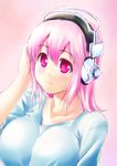  blush breasts collarbone headphones large_breasts long_hair looking_at_viewer makishima_rin nitroplus pink_eyes pink_hair smile solo super_sonico 