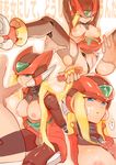  1girl arms_behind_back arms_up artist_request blonde_hair blue_eyes breasts cum cum_string facial fellatio genderswap genderswap_(mtf) hair_sex helmet hetero large_breasts long_hair nipples oral penis rockman rockman_zero thighhighs torn_clothes torn_legwear zero_(rockman) 