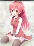  aibumi bad_id bad_pixiv_id bare_shoulders black_legwear boots detached_sleeves food food_in_mouth highres long_hair magical_girl mahou_shoujo_madoka_magica mouth_hold pocky ponytail red_eyes red_hair sakura_kyouko solo thighhighs 