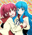  :d aino_megumi blue_eyes blue_hair blush copyright_name happinesscharge_precure! holding_hands jpeg_artifacts long_hair long_sleeves multiple_girls ooshima_tomo open_mouth pikarigaoka_middle_school_uniform pink_hair ponytail precure red_eyes red_sailor_collar sailor_collar school_uniform shirayuki_hime skirt smile 