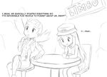  blue_(pokemon) crossed_legs crystal_(pokemon) english greyscale hat jiffic long_hair monochrome multiple_girls open_mouth pokegear pokemon pokemon_(game) pokemon_frlg pokemon_gsc sitting sketch skirt smile table twintails wristband 