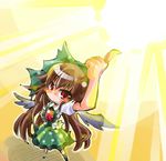  black_wings brown_hair hair_ornament hair_ribbon lights long_hair looking_at_viewer pointing red_eyes reiuji_utsuho ribbon shinapuu smile solo touhou wings 