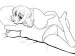  ass back breasts from_behind green_eyes greyscale isaki_(gomi) leg_up looking_at_viewer looking_back lying medium_breasts mizuhashi_parsee monochrome no_pants on_stomach open_mouth panties pillow pillow_hug pointy_ears sideboob smile solo spot_color topless touhou underwear underwear_only 