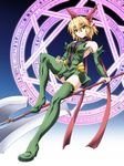  alternate_costume bad_id bad_pixiv_id bare_shoulders blonde_hair boots commentary_request cosplay green_eyes green_footwear green_legwear green_skirt looking_at_viewer magical_girl mahou_shoujo_ai miniskirt mizuhashi_parsee ootsuki_wataru pointy_ears polearm ribbon short_hair skirt smile solo spear thigh_boots thighhighs touhou weapon 
