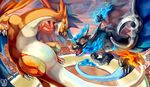  battle blue_eyes blue_fire epic fire flying highres horns large_wings long_tail mega_charizard_x mega_charizard_y mega_pokemon no_humans pokemon pokemon_(creature) red_eyes sa-dui spikes tail talons wings 