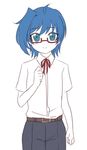  1boy belt blue_eyes blue_hair blush cardfight!!_vanguard glasses red-framed_glasses sendou_aichi shirt smile 