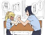  arm_wrestling black_hair black_neckwear blonde_hair blue_eyes blush desk glasses long_hair multiple_girls necktie open_mouth original ponytail school_uniform short_hair smile translated yanagida_fumita 