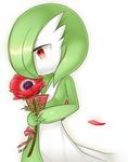  blush flower gardevoir green_hair lotosu no_humans petal petals pokemon red_eyes ribbon short_hair solo 